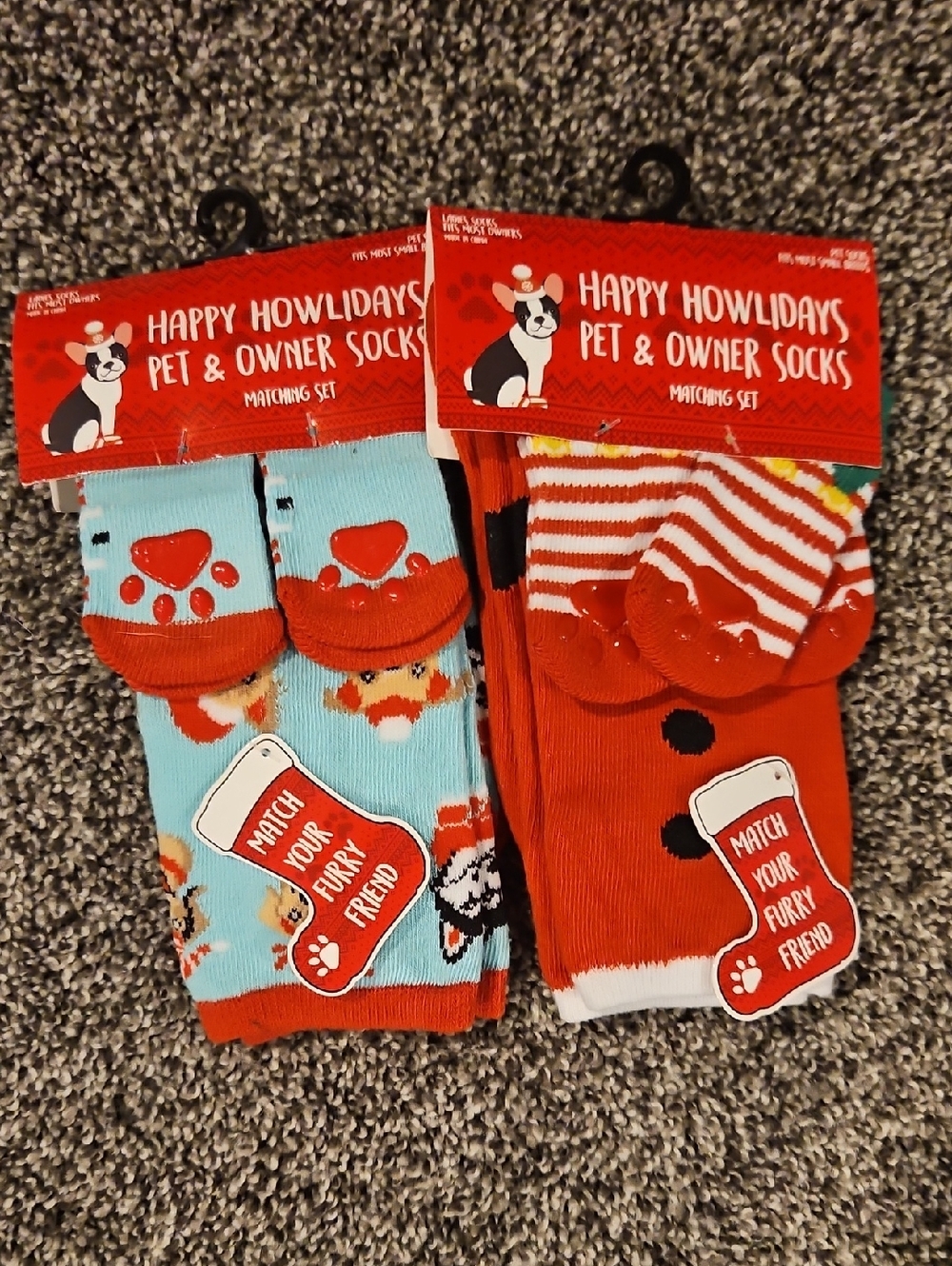 Happy Howlidays Pet & Owner Socks - Red & Light Blue Matching Set